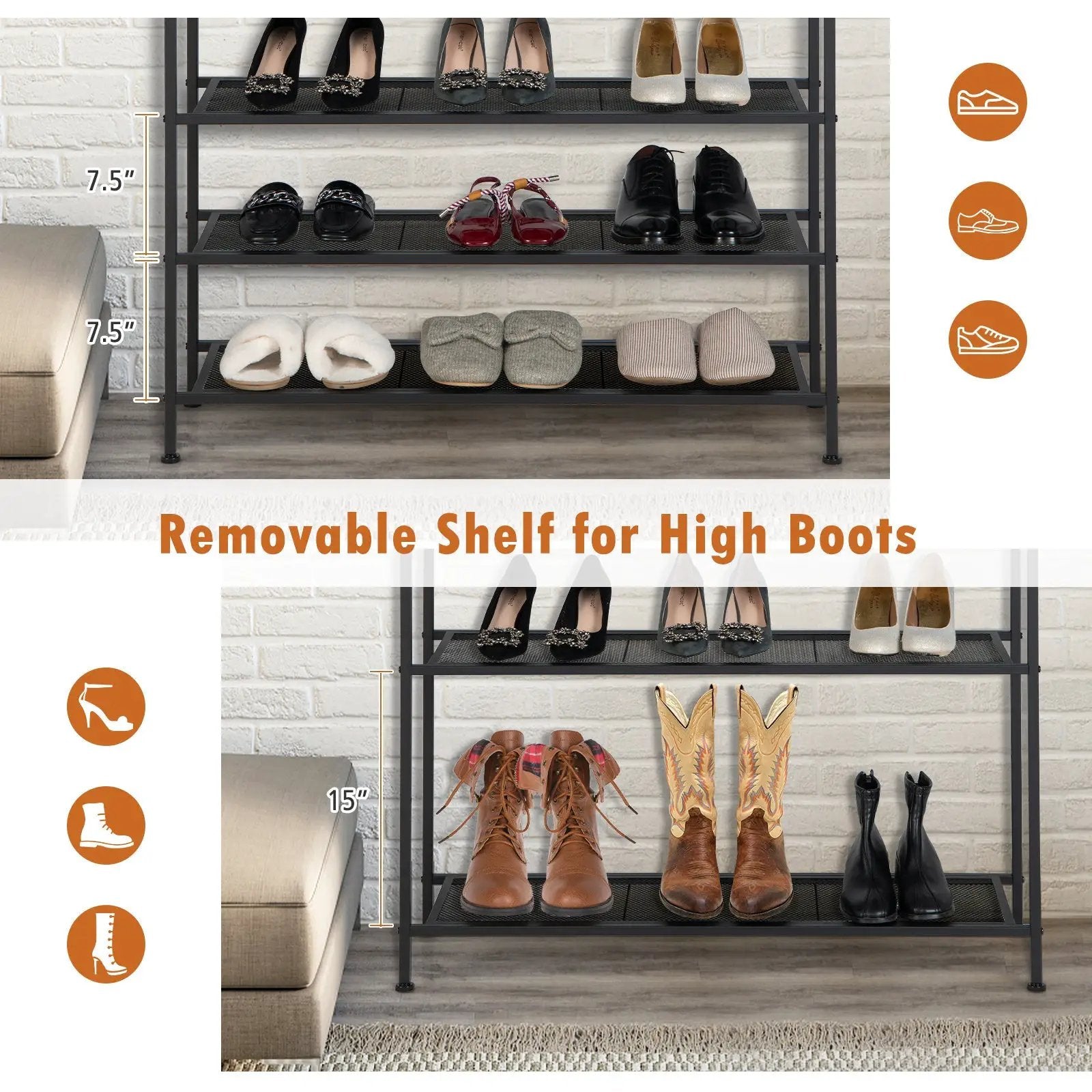 Industrial Adjustable 5-Tier Metal Shoe Rack with 4 Shelves for 16-20 Pairs by DirectDeals
