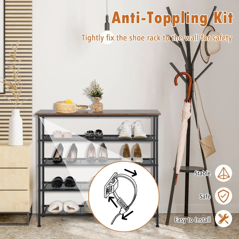 Industrial Adjustable 5-Tier Metal Shoe Rack with 4 Shelves for 16-20 Pairs by DirectDeals