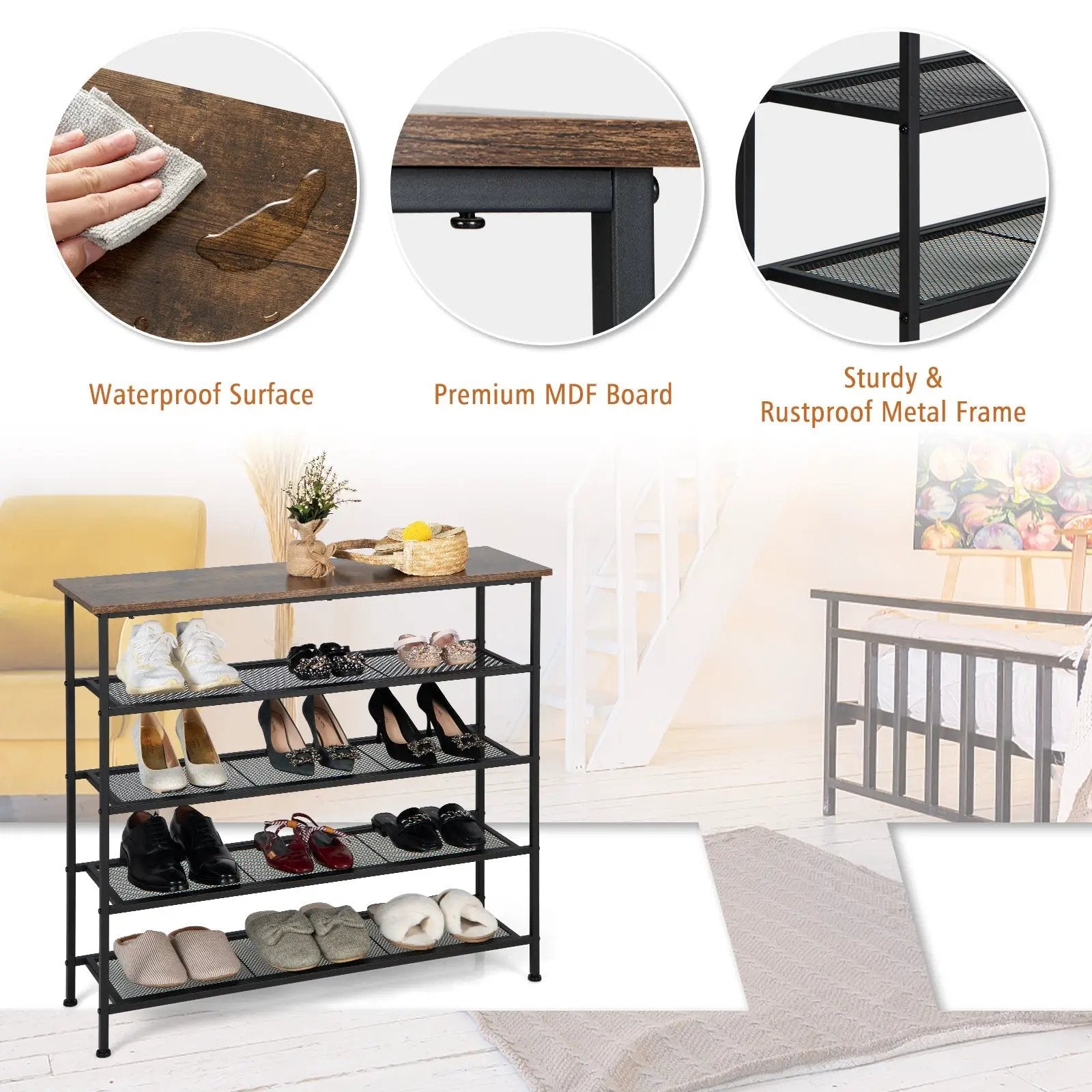 Industrial Adjustable 5-Tier Metal Shoe Rack with 4 Shelves for 16-20 Pairs by DirectDeals