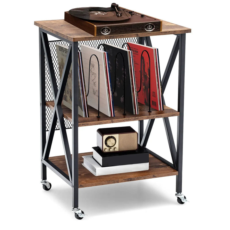 3 Tiers Vintage Style Rolling End Table with 3 Dividers for Albums-Brown by DirectDeals
