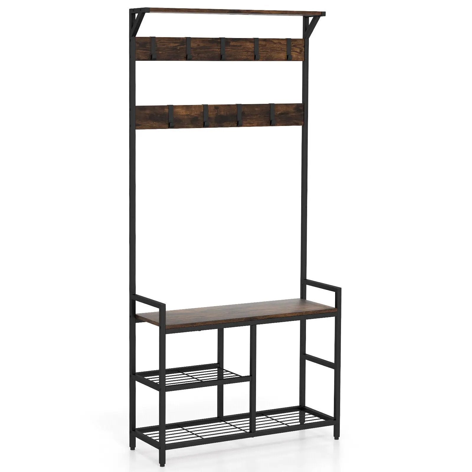 71 Inch Freestanding Hall Tree with Shoe Bench and 9 Removable Hooks-Rustic Brown by DirectDeals