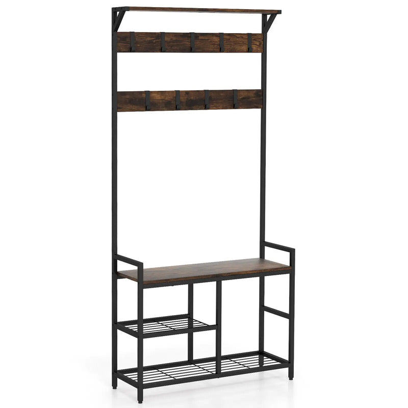71 Inch Freestanding Hall Tree with Shoe Bench and 9 Removable Hooks-Rustic Brown by DirectDeals