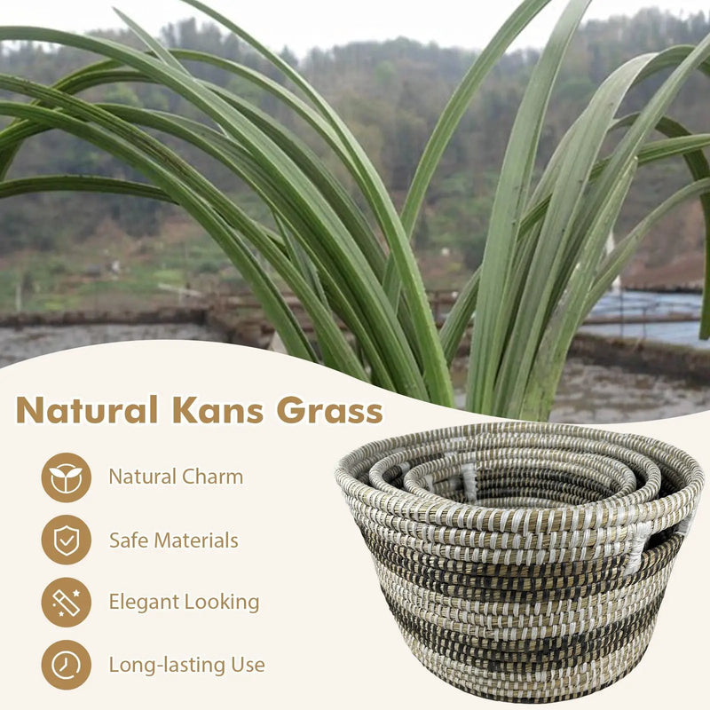 Natural Canes Grass Baskets Stackable Storage Bins Set of 3 with Hollowed Handles by DirectDeals