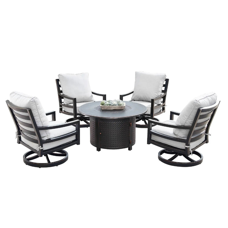 Aluminum 44-in Round Patio Fire Table Set with Swivel Rocking Chairs by Sharicks