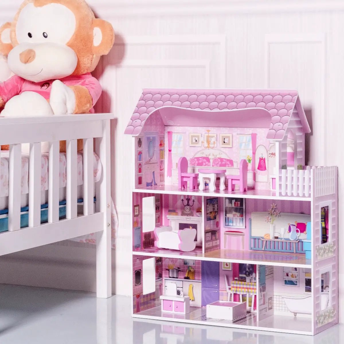 28 Inch Pink Dollhouse with Furniture by DirectDeals
