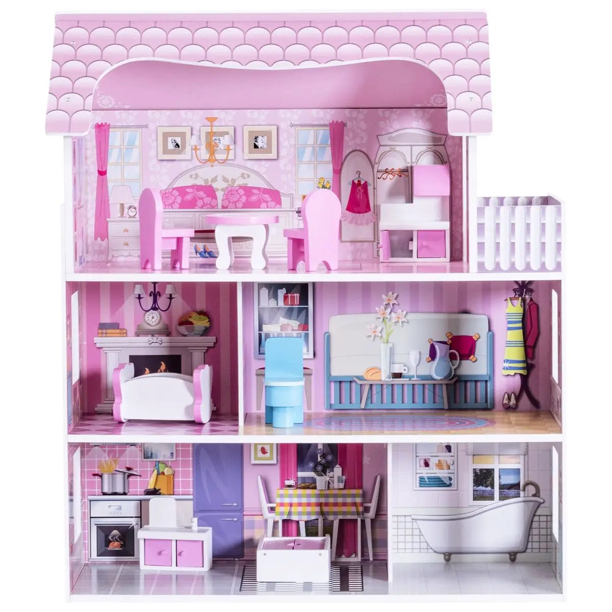 28 Inch Pink Dollhouse with Furniture by DirectDeals