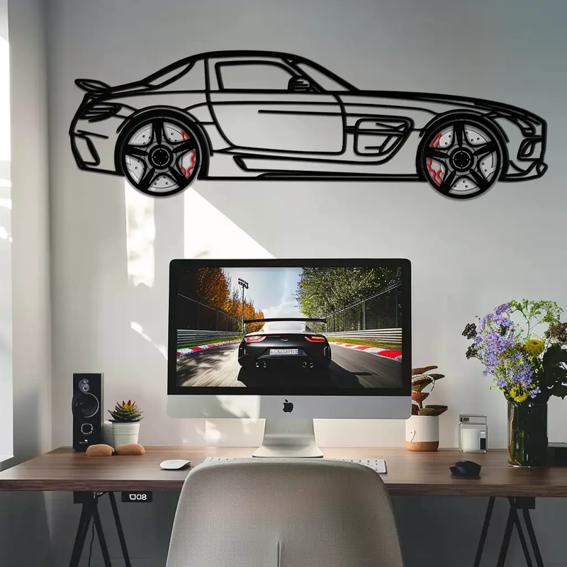 Mercedes SLS AMG Metal Wall Art – Rotating Wheel Car Silhouette • Luxury Automotive Decor • Perfect Gift for Car Lovers - KAFMEKA075 by Enova Art