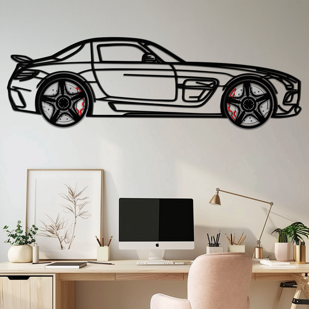 Mercedes SLS AMG Metal Wall Art – Rotating Wheel Car Silhouette • Luxury Automotive Decor • Perfect Gift for Car Lovers - KAFMEKA075 by Enova Art