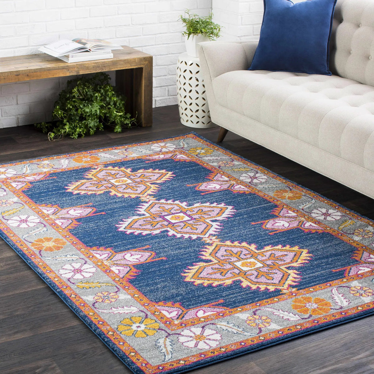 Kaitlyn Navy Area Rug, installed in a room