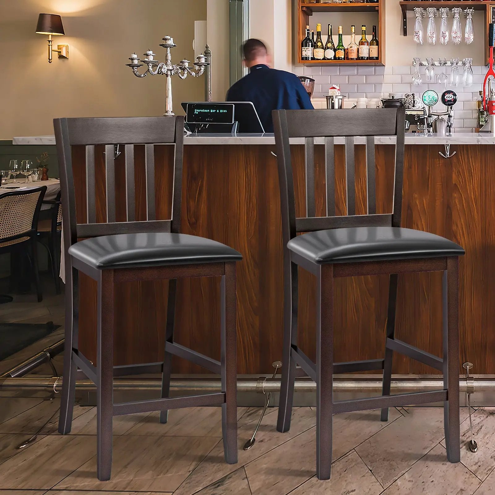 25 Inches Set of 2 Bar Stools with Rubber Wood Legs by DirectDeals