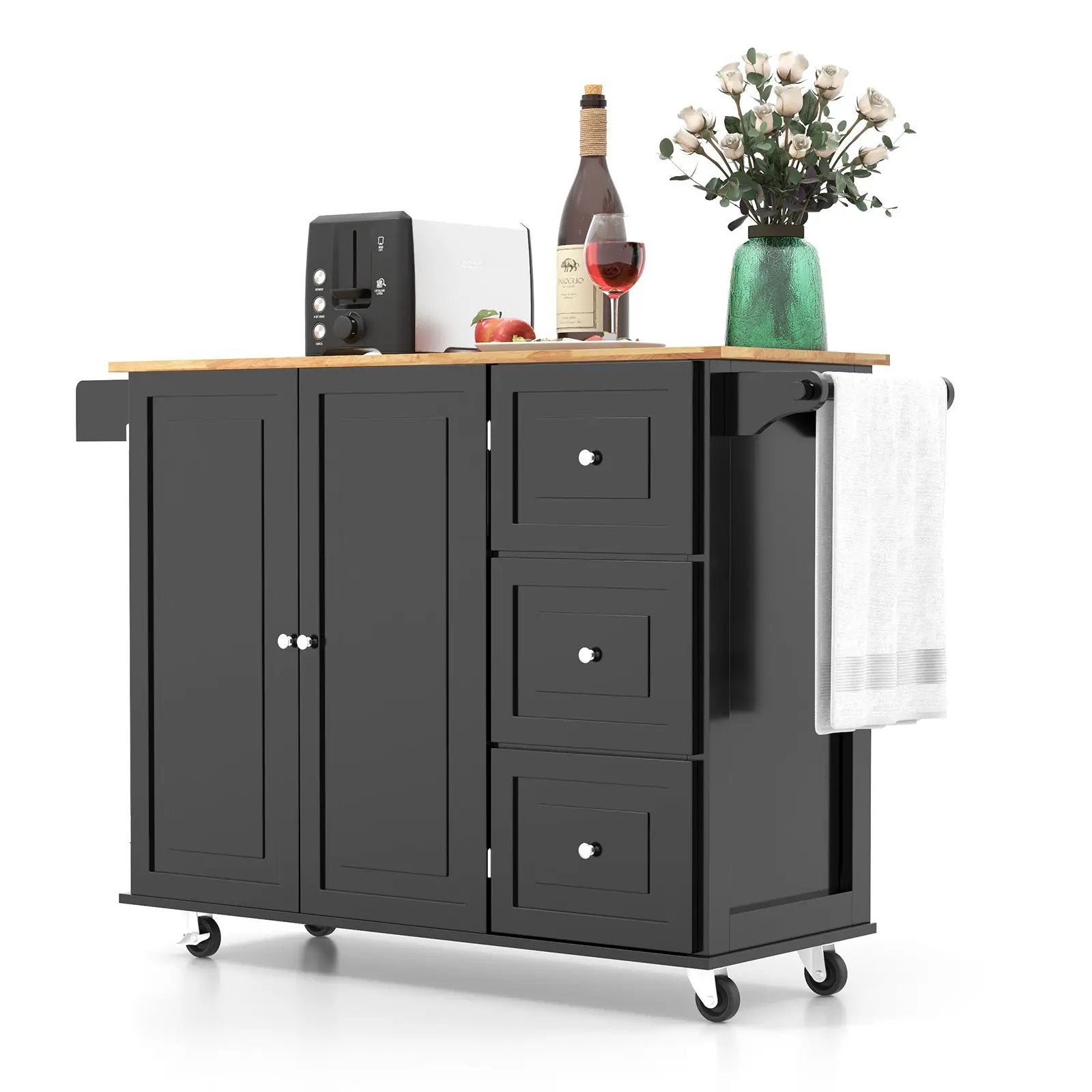 Kitchen Island Trolley Cart Wood with Drop-Leaf Tabletop and Storage Cabinet by DirectDeals