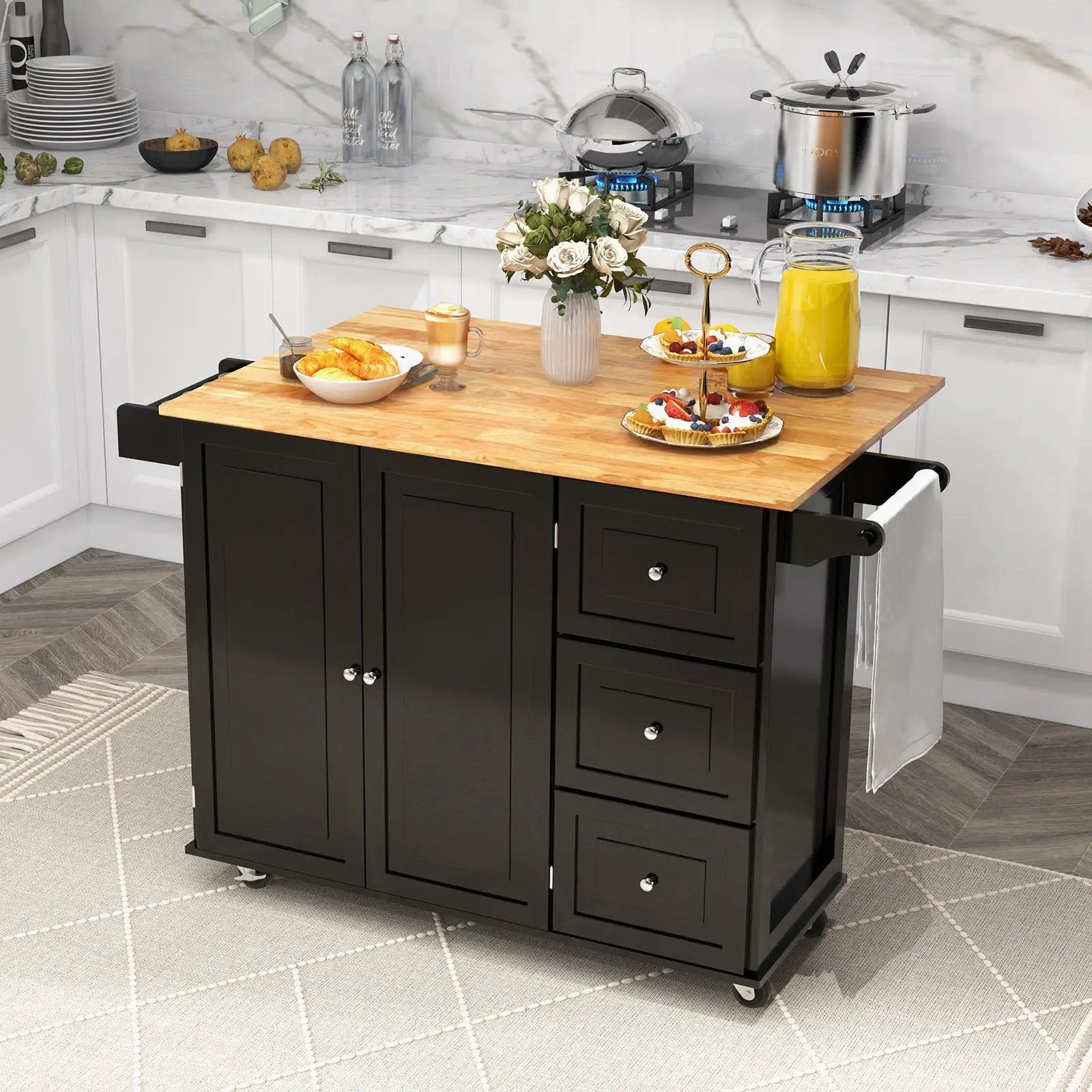 Kitchen Island Trolley Cart Wood with Drop-Leaf Tabletop and Storage Cabinet by DirectDeals