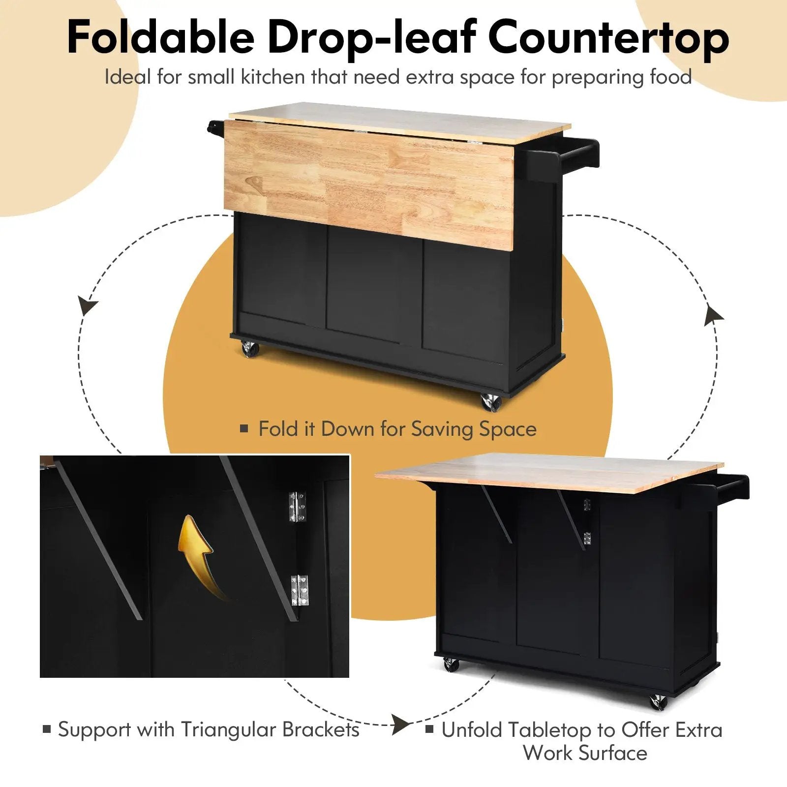 Kitchen Island Trolley Cart Wood with Drop-Leaf Tabletop and Storage Cabinet by DirectDeals