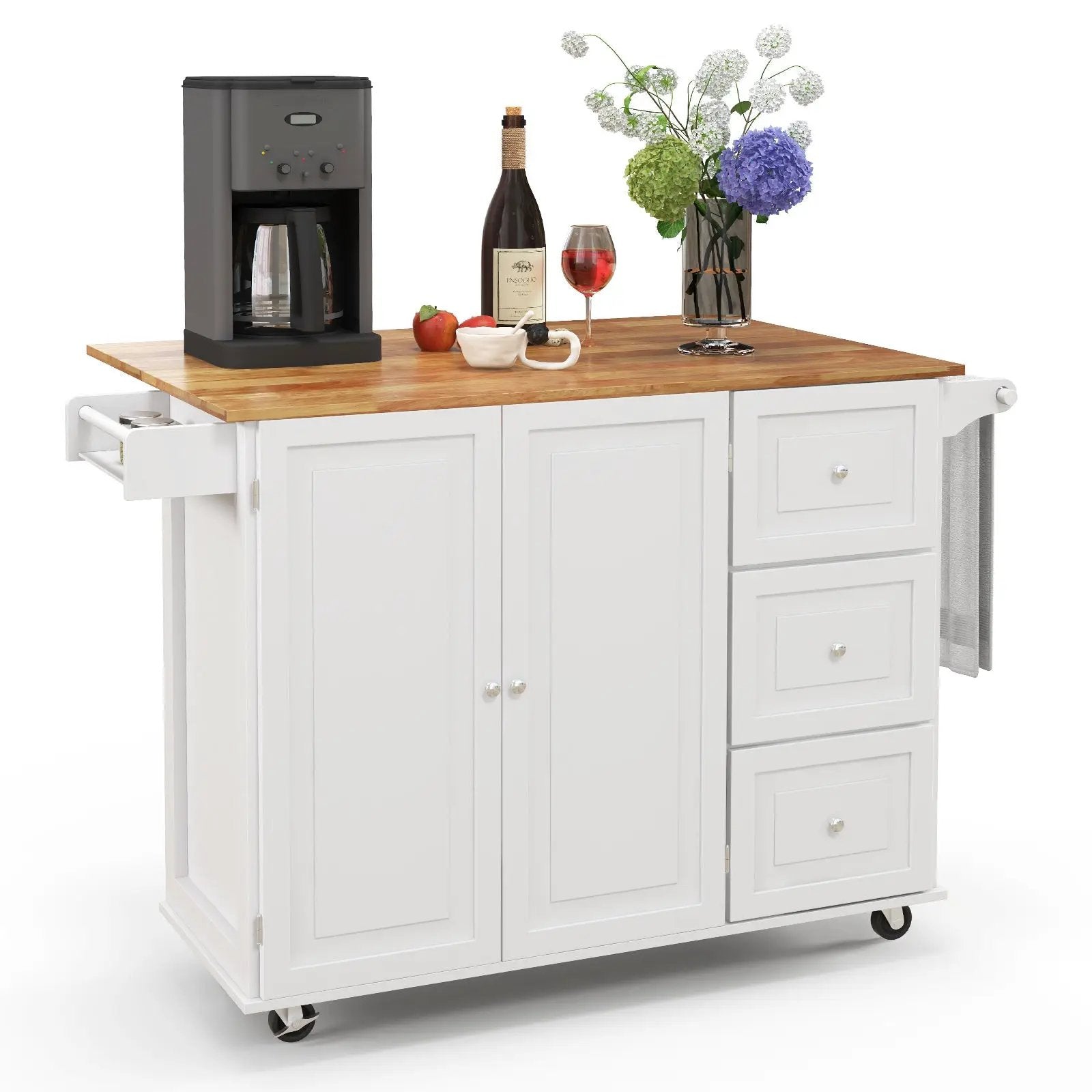 Kitchen Island Trolley Cart Wood with Drop-Leaf Tabletop and Storage Cabinet by DirectDeals
