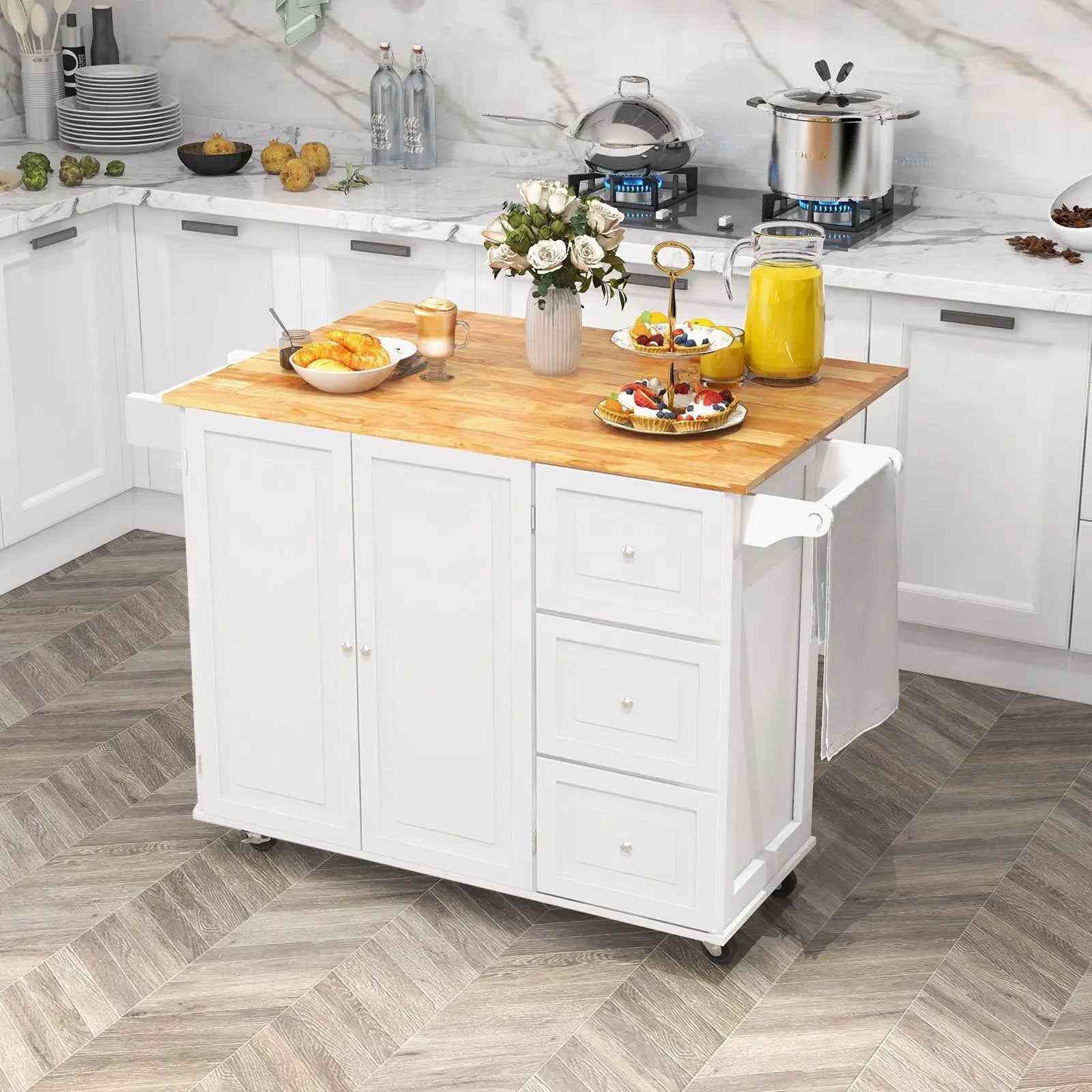 Kitchen Island Trolley Cart Wood with Drop-Leaf Tabletop and Storage Cabinet by DirectDeals