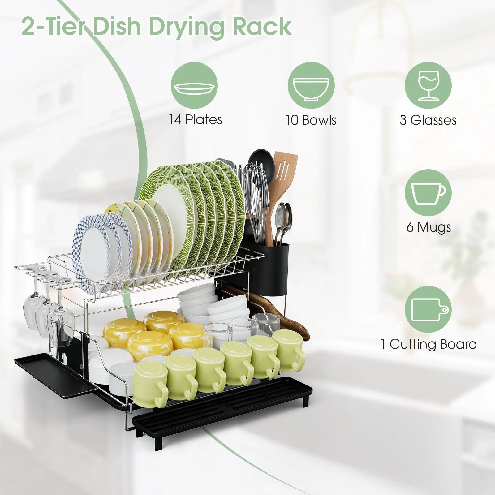 2-Tier Detachable Dish Drying Rack with Cutlery Holder by DirectDeals