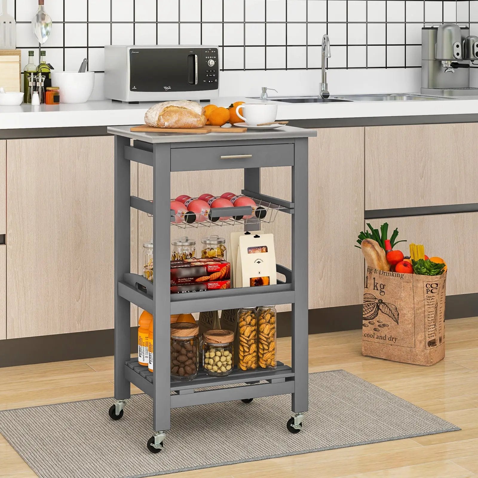 Kitchen Island Cart with Stainless Steel Tabletop and Basket by DirectDeals