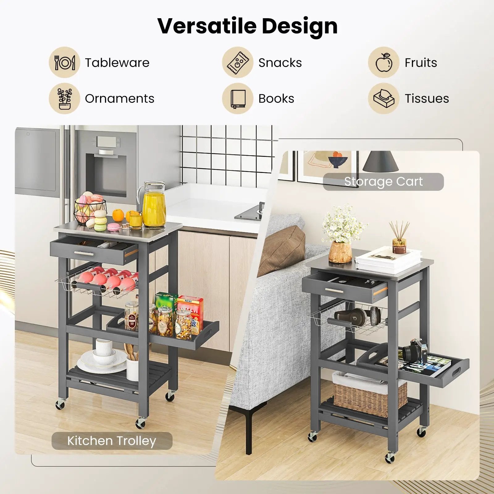 Kitchen Island Cart with Stainless Steel Tabletop and Basket by DirectDeals