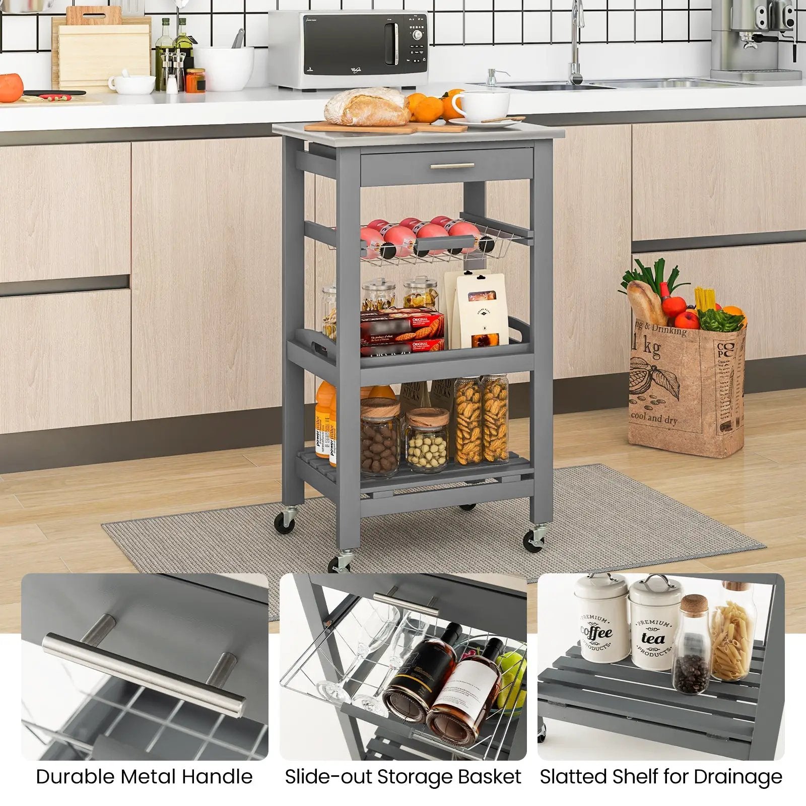 Kitchen Island Cart with Stainless Steel Tabletop and Basket by DirectDeals
