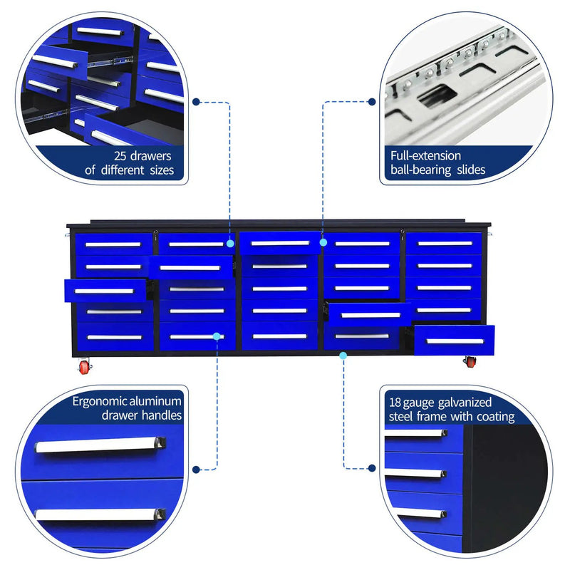 10ft 25-Drawer Storage Workbench with Wheels by Chery Industrial