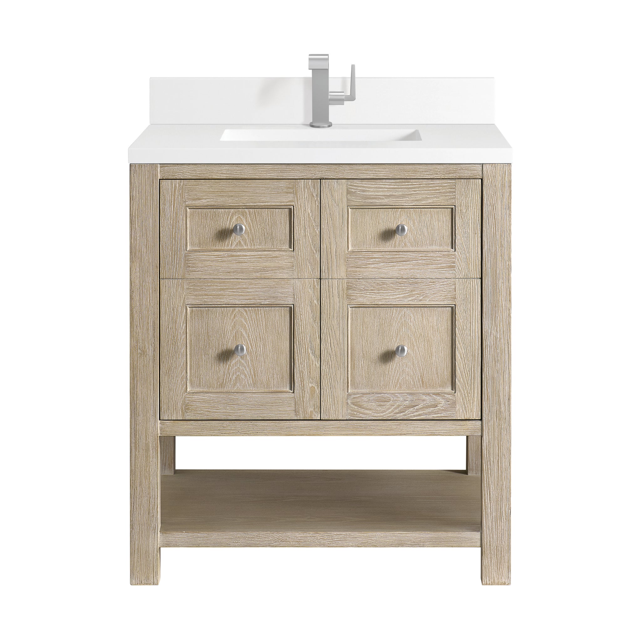 James Martin Breckenridge 30" Single Bathroom Vanity, Whitewashed Oak with White Zeus (Single Hole, with Backsplash) countertop