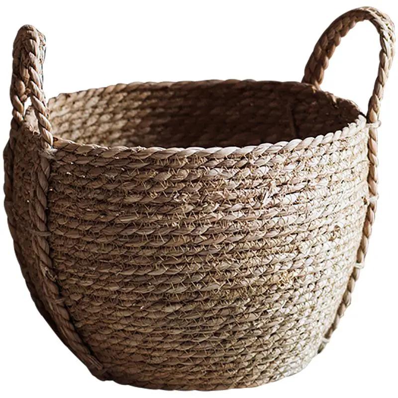Khaki Brown Solid Color Straw Basket With Handles by RusticReach