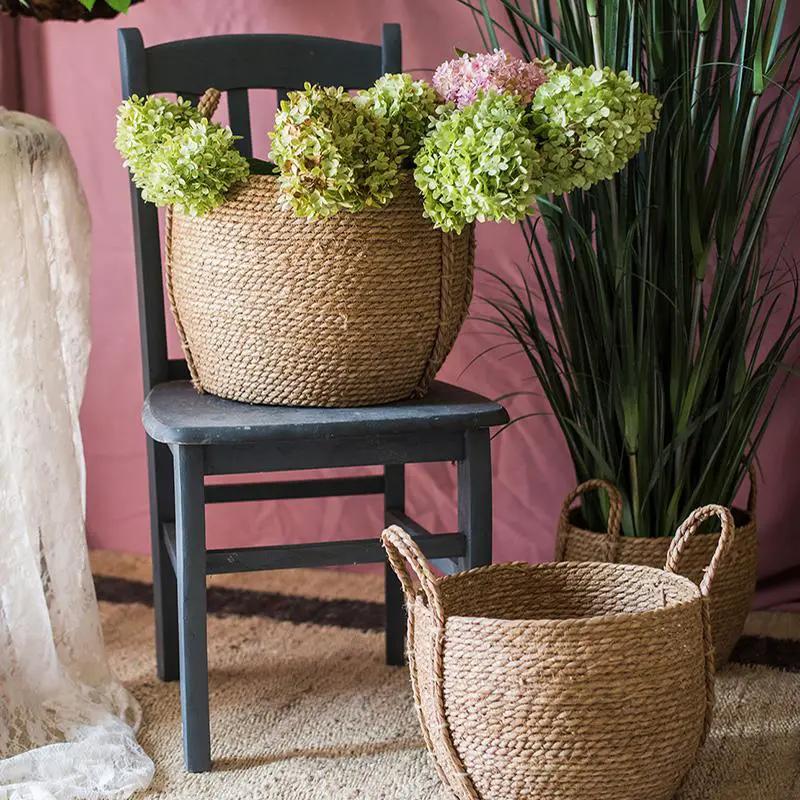 Khaki Brown Solid Color Straw Basket With Handles by RusticReach