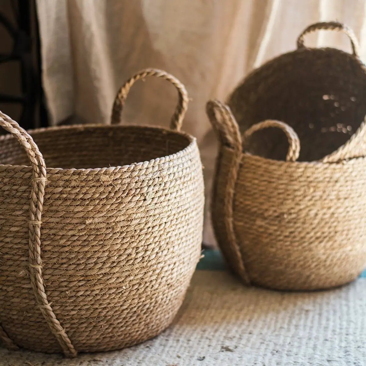 Khaki Brown Solid Color Straw Basket With Handles by RusticReach