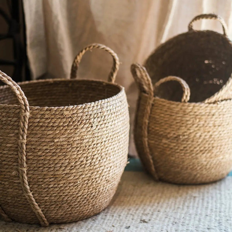 Khaki Brown Solid Color Straw Basket With Handles by RusticReach