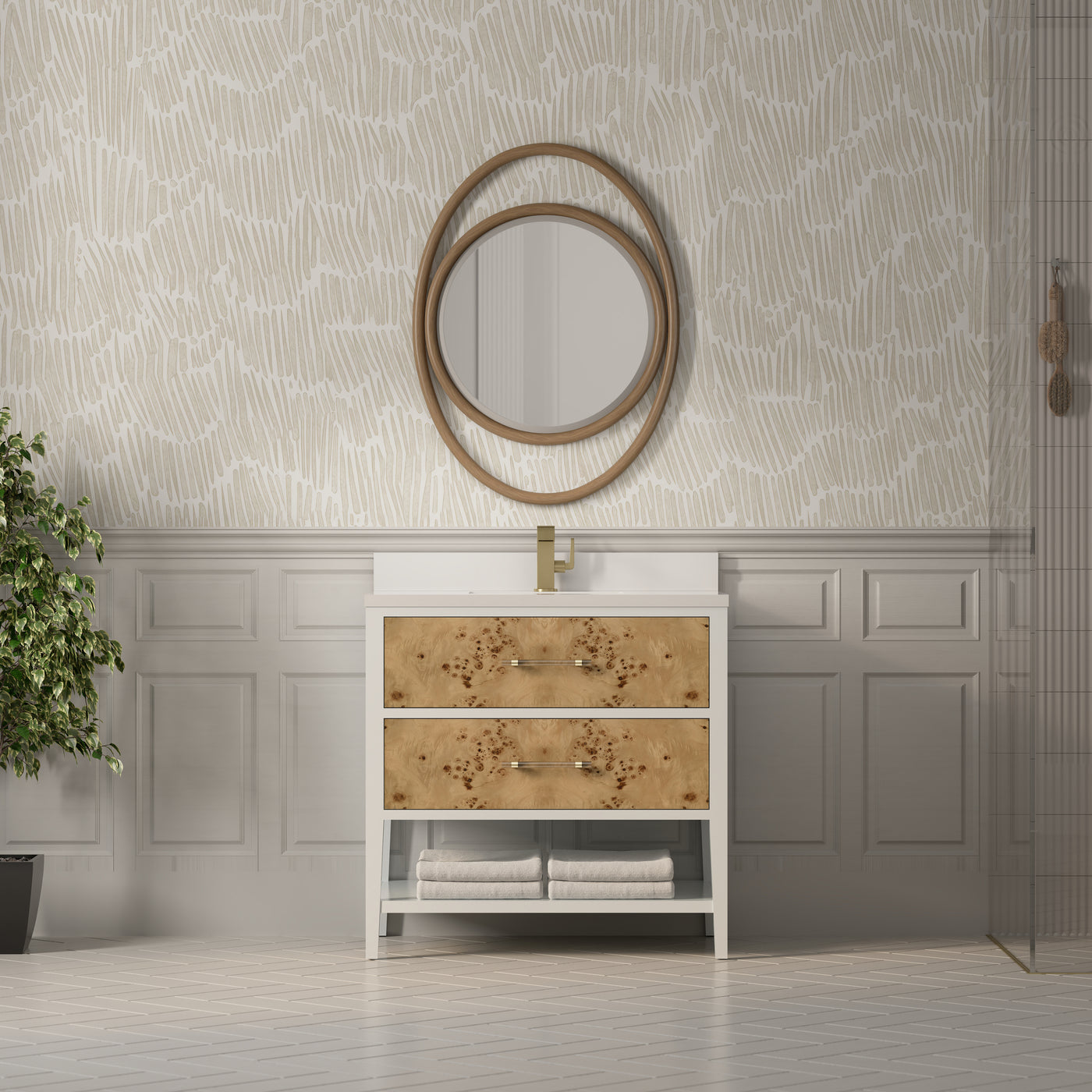 James Martin Olena 36" Single Bathroom Vanity, Polished White and Light Mappa Burl, view 23
