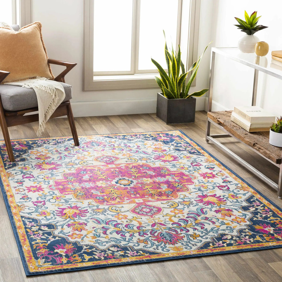 Kialla Magenta & Burnt Orange Area Rug, installed in a room 3