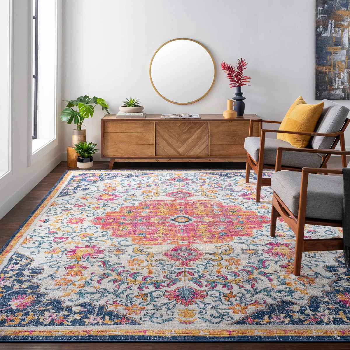 Kialla Magenta & Burnt Orange Area Rug, installed in a room