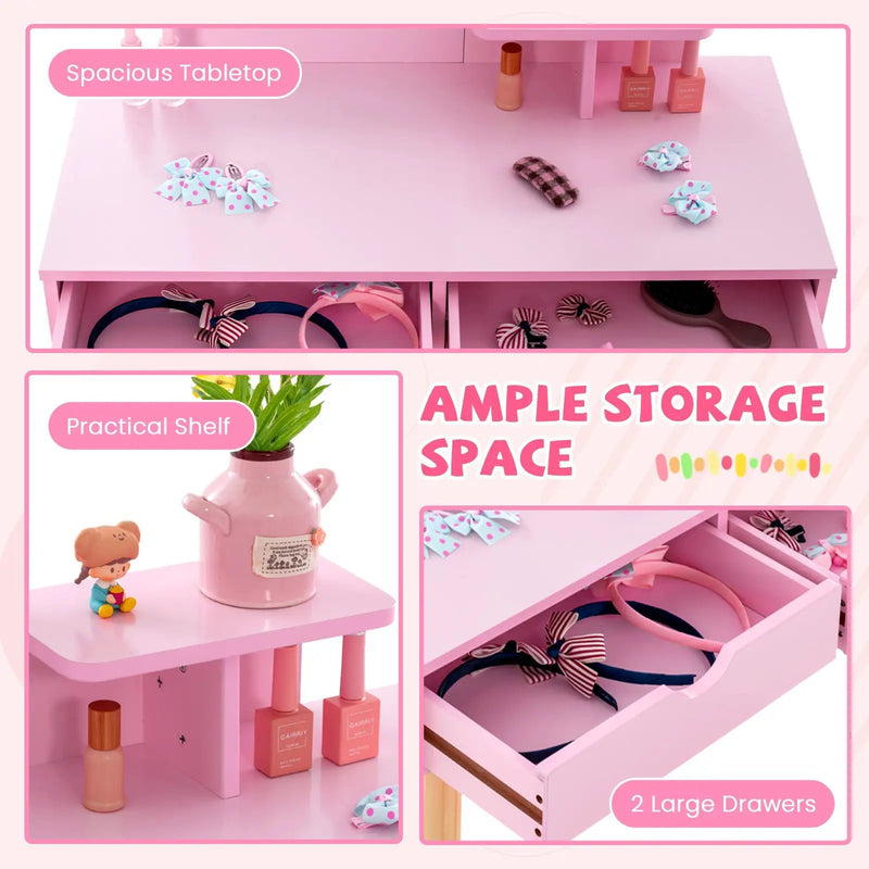 Kid Vanity Table Chair Set with Mirror and 2 Large Storage Drawers by DirectDeals