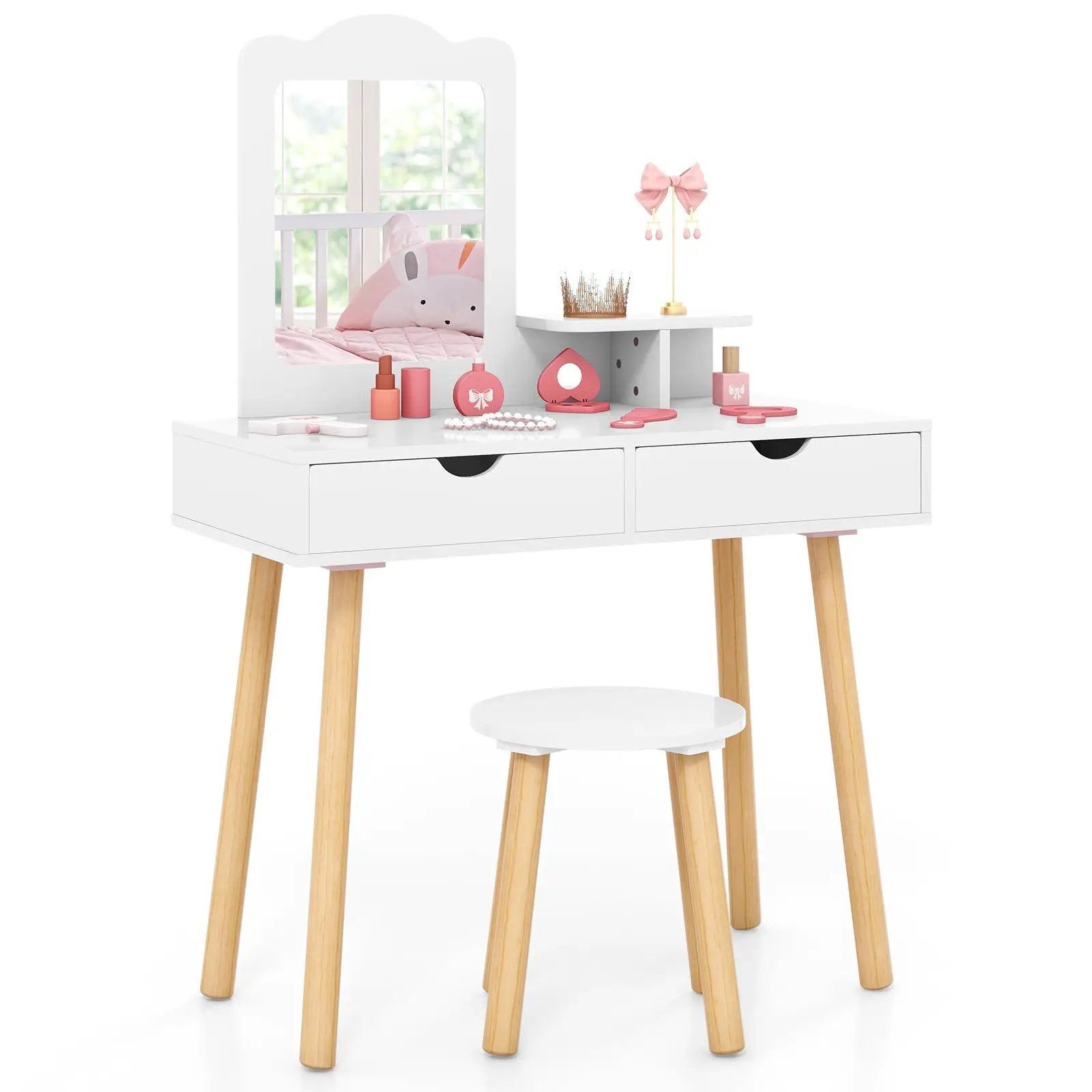 Kid Vanity Table Chair Set with Mirror and 2 Large Storage Drawers by DirectDeals
