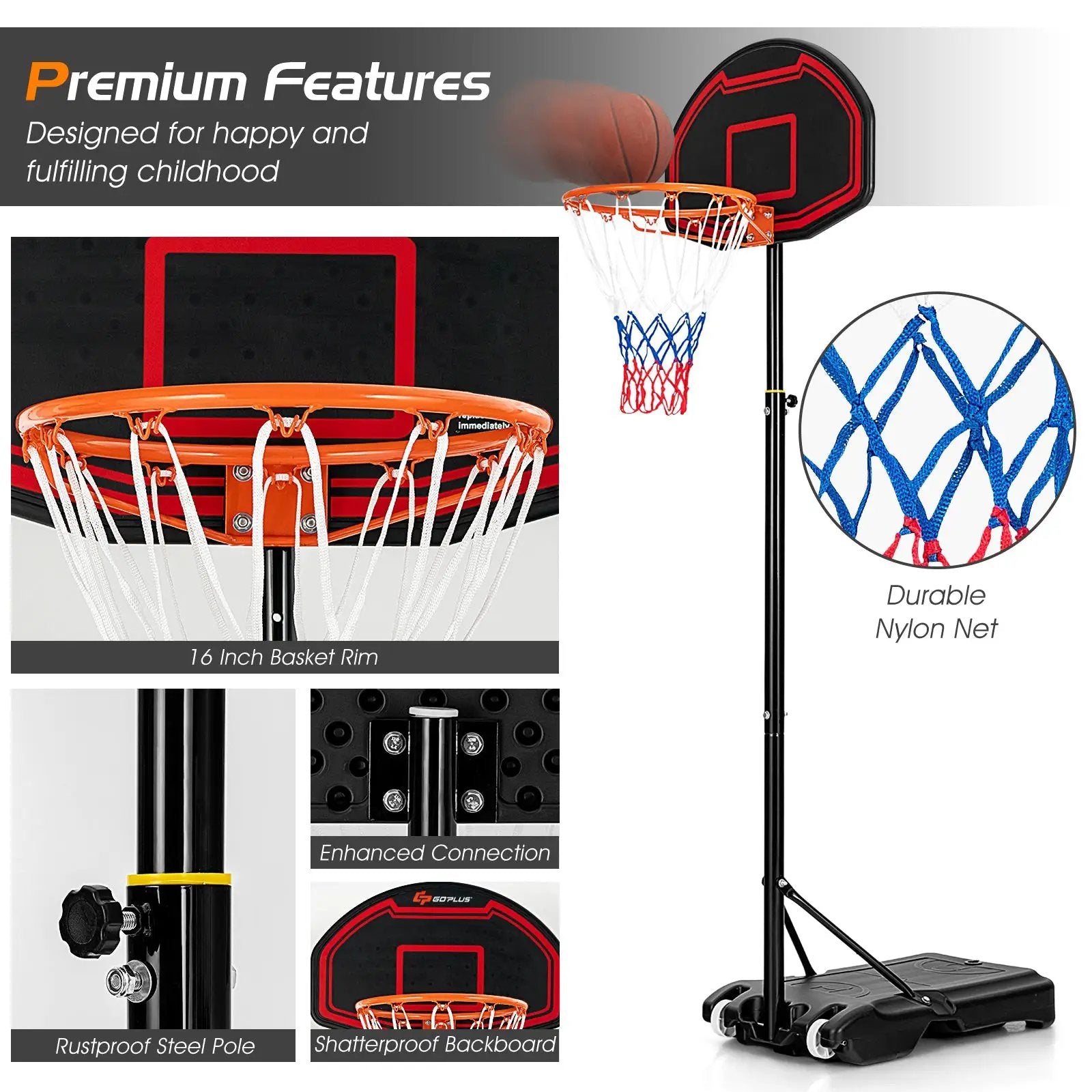 Adjustable Kids' Basketball Hoop Stand with Durable Net and Wheel by DirectDeals