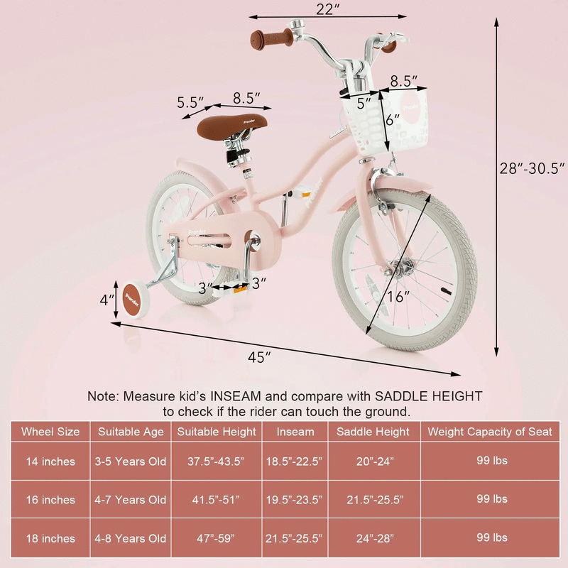 16 Inch Kids Bike with Front Handbrake and 2 Training Wheels-Pink by DirectDeals