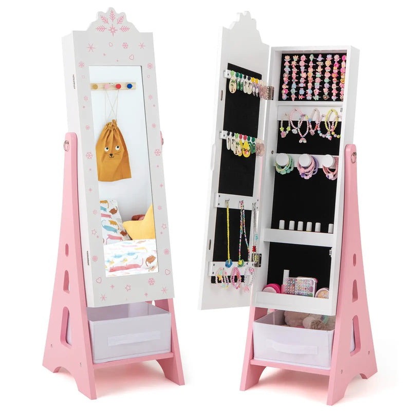 Kids Jewelry Cabinet with Full-Length Mirror and Foldable Drawer-White by DirectDeals