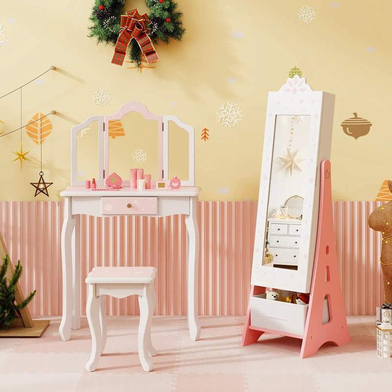 Kids Jewelry Cabinet with Full-Length Mirror and Foldable Drawer-White by DirectDeals