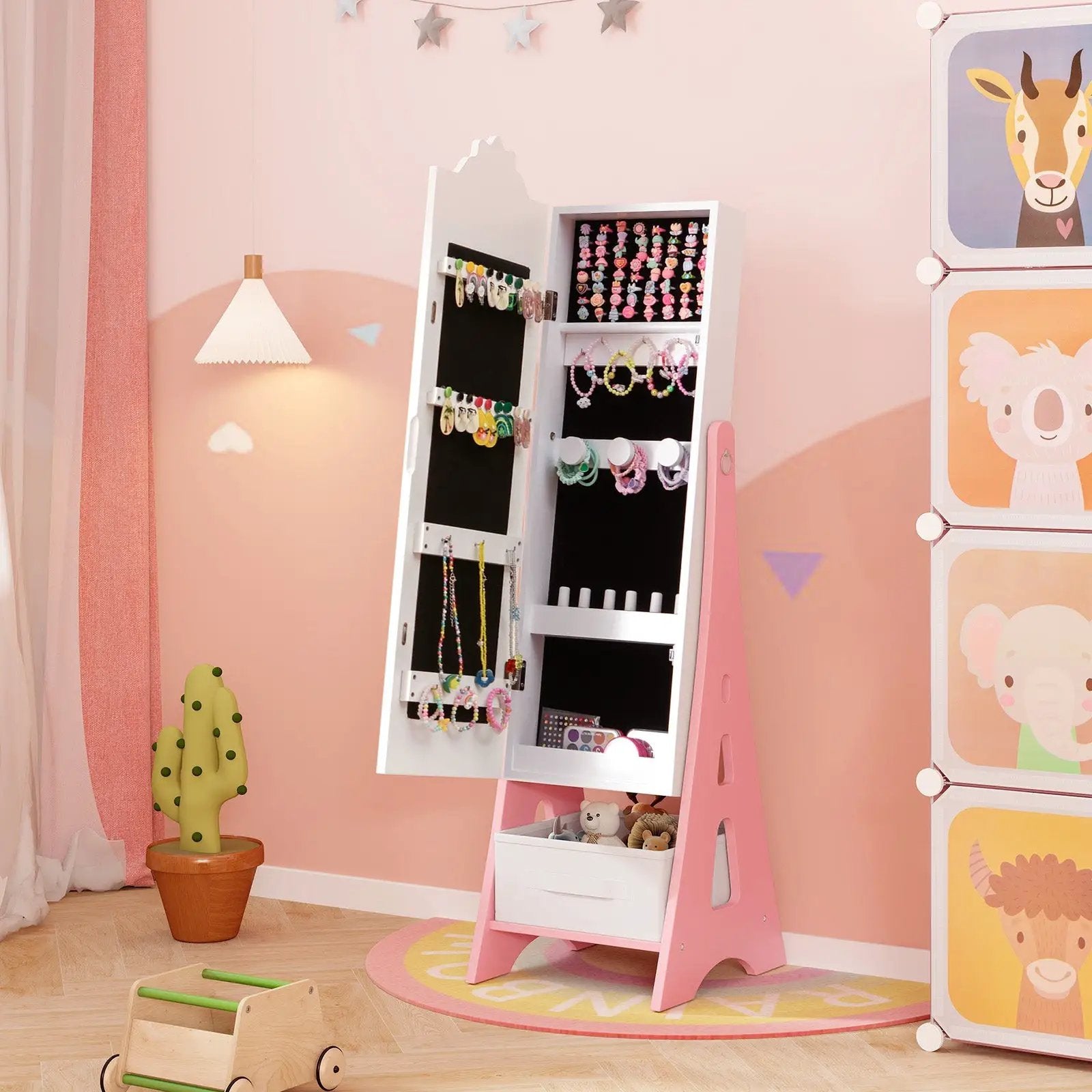 Kids Jewelry Cabinet with Full-Length Mirror and Foldable Drawer-White by DirectDeals