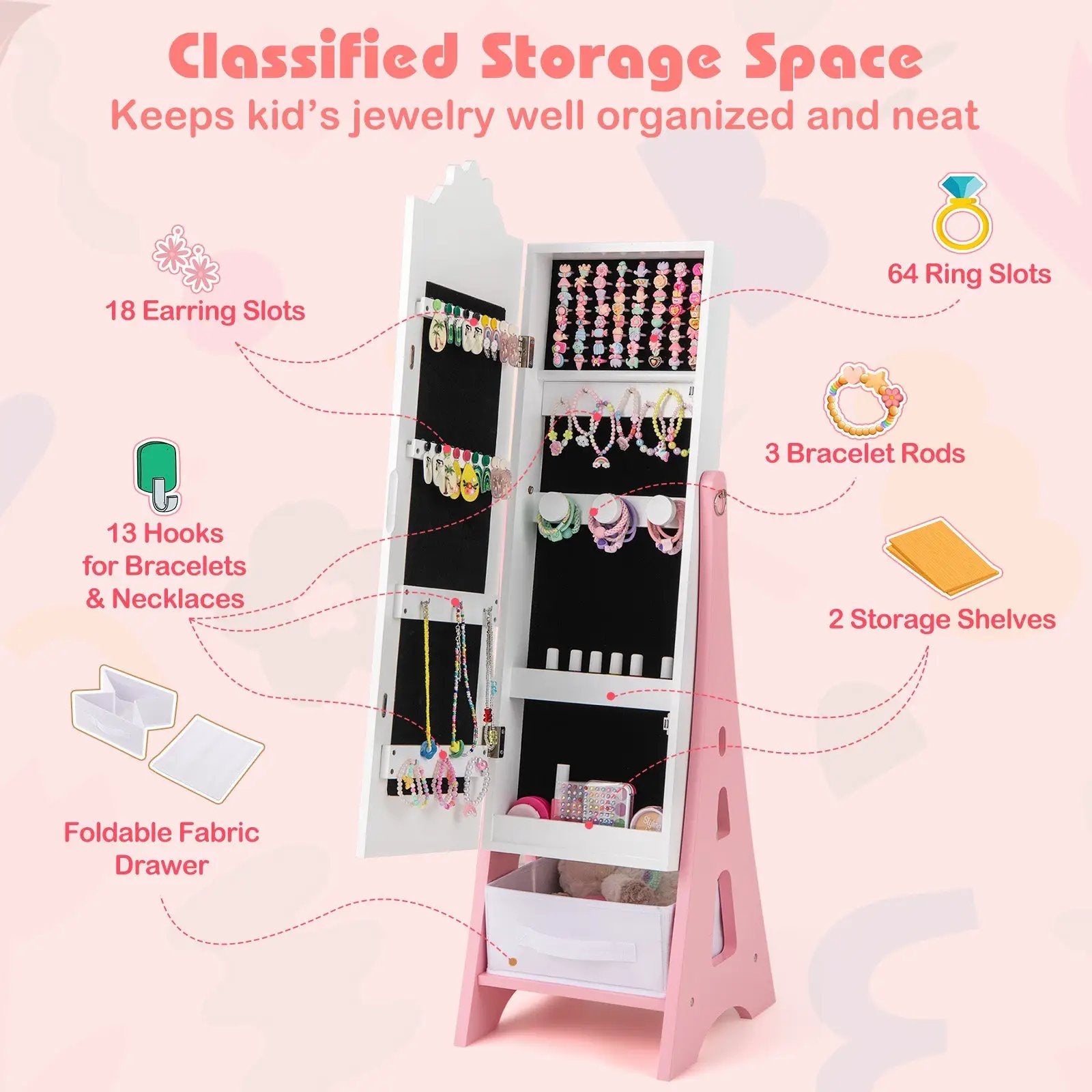 Kids Jewelry Cabinet with Full-Length Mirror and Foldable Drawer-White by DirectDeals