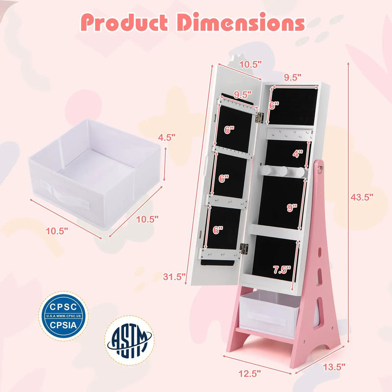 Kids Jewelry Cabinet with Full-Length Mirror and Foldable Drawer-White by DirectDeals