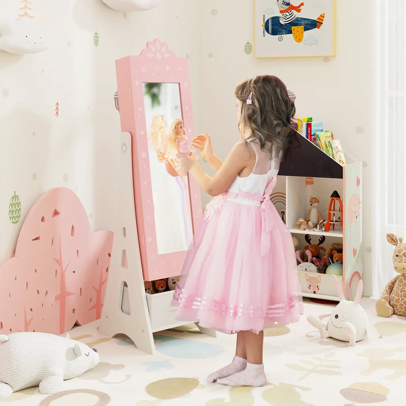 Kids Jewelry Cabinet with Full-Length Mirror and Foldable Drawer-Pink by DirectDeals