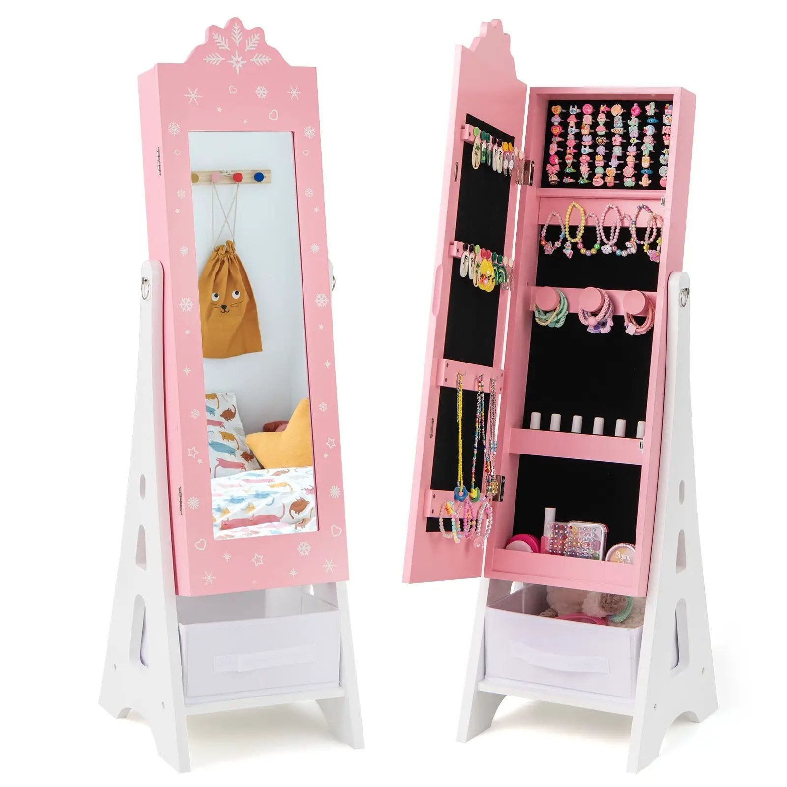 Kids Jewelry Cabinet with Full-Length Mirror and Foldable Drawer-Pink by DirectDeals
