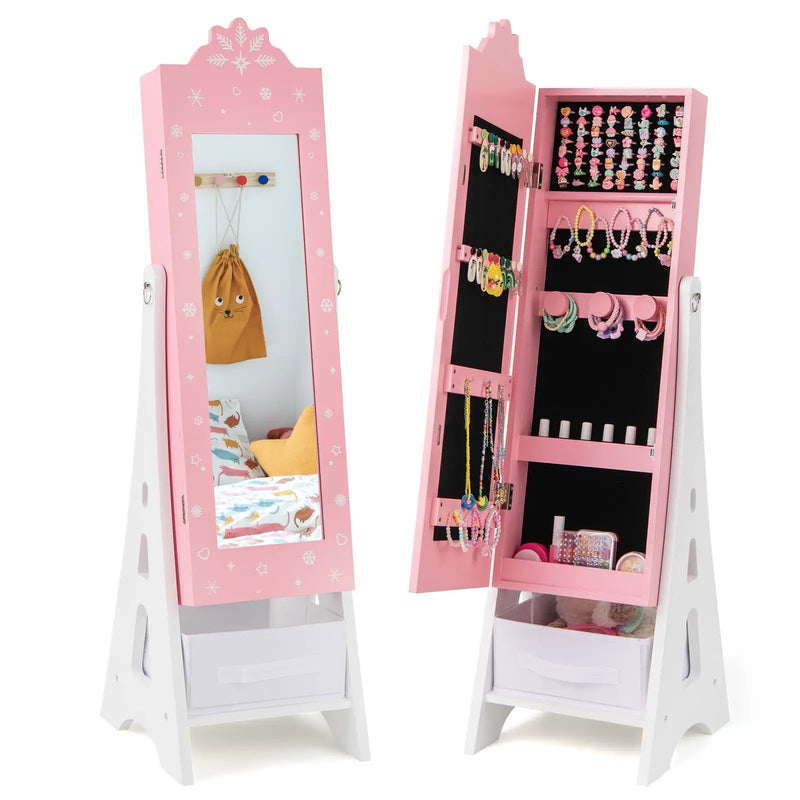 Kids Jewelry Cabinet with Full-Length Mirror and Foldable Drawer-Pink by DirectDeals