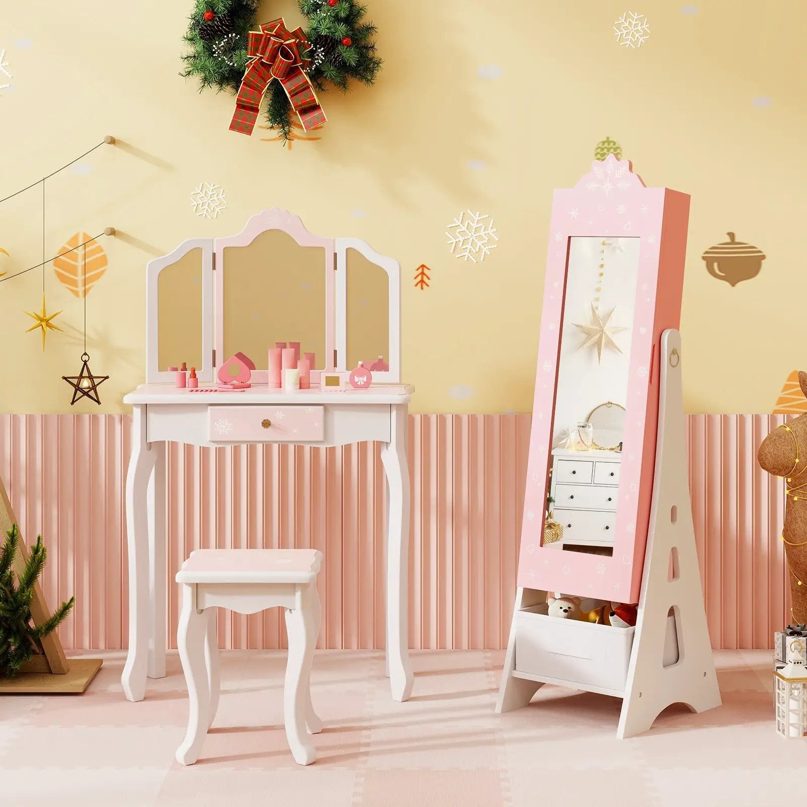 Kids Jewelry Cabinet with Full-Length Mirror and Foldable Drawer-Pink by DirectDeals