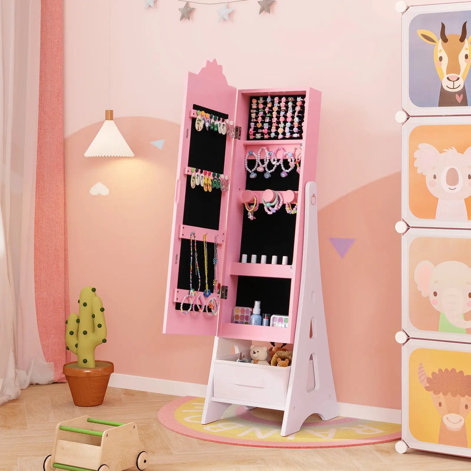 Kids Jewelry Cabinet with Full-Length Mirror and Foldable Drawer-Pink by DirectDeals