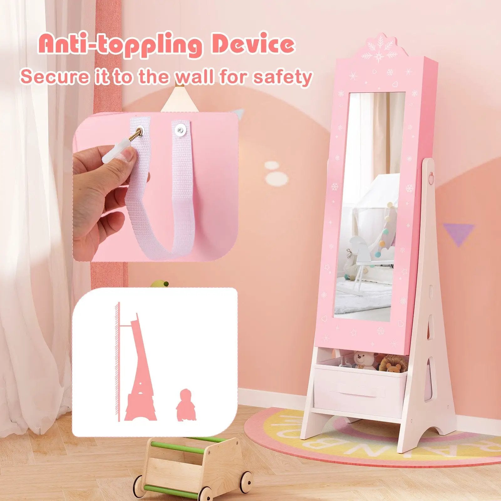 Kids Jewelry Cabinet with Full-Length Mirror and Foldable Drawer-Pink by DirectDeals