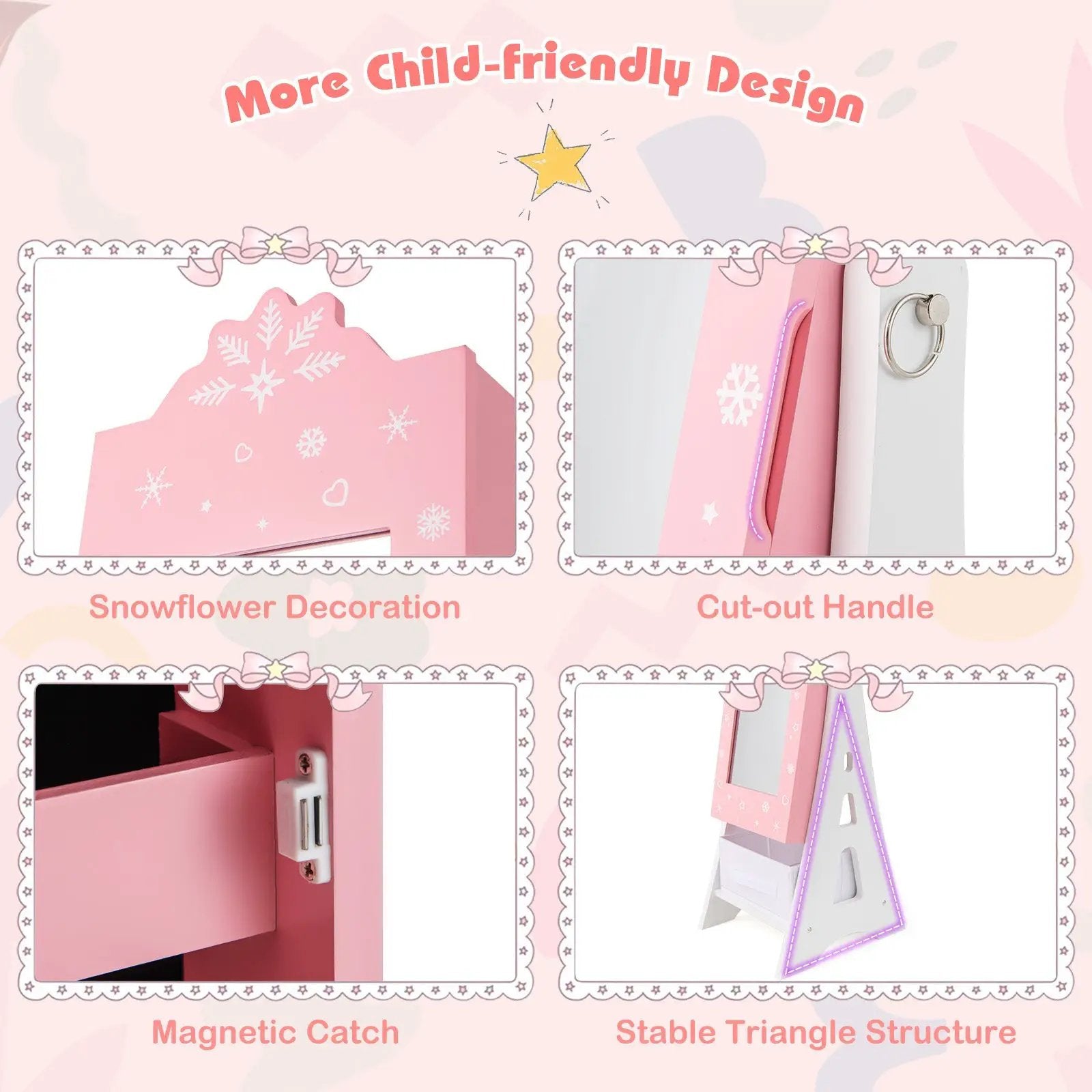 Kids Jewelry Cabinet with Full-Length Mirror and Foldable Drawer-Pink by DirectDeals