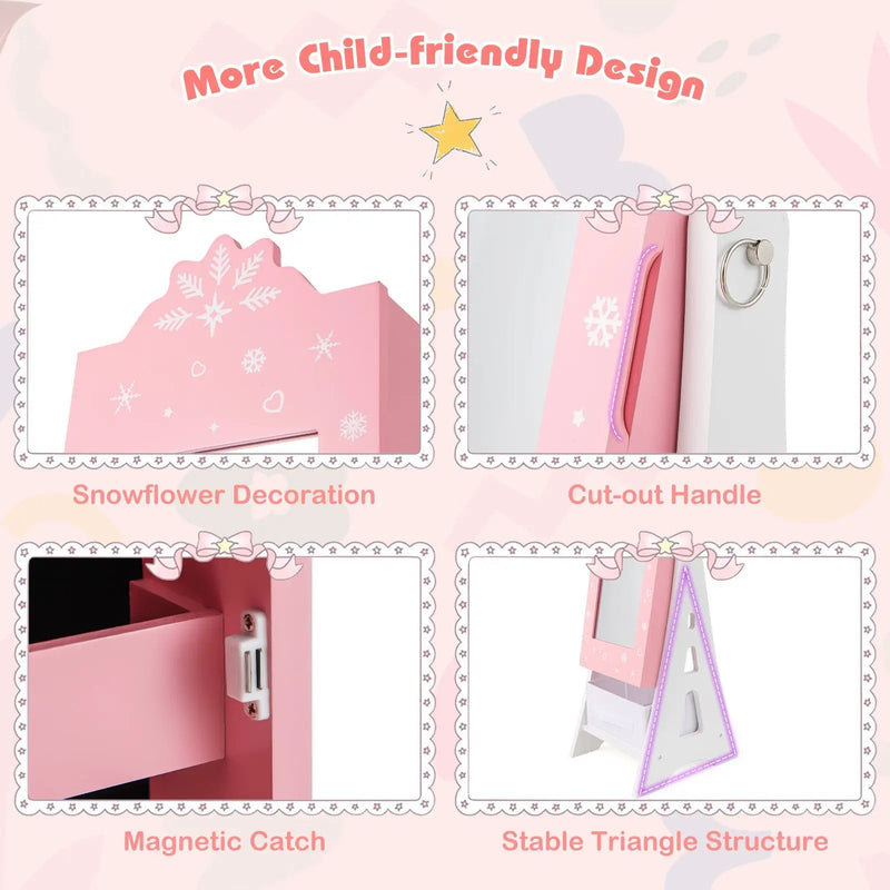 Kids Jewelry Cabinet with Full-Length Mirror and Foldable Drawer-Pink by DirectDeals