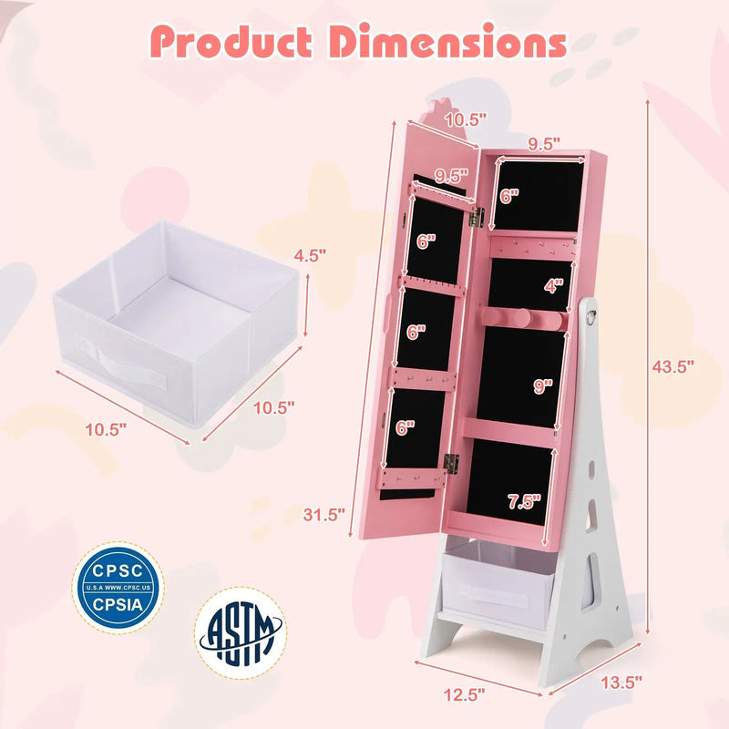 Kids Jewelry Cabinet with Full-Length Mirror and Foldable Drawer-Pink by DirectDeals